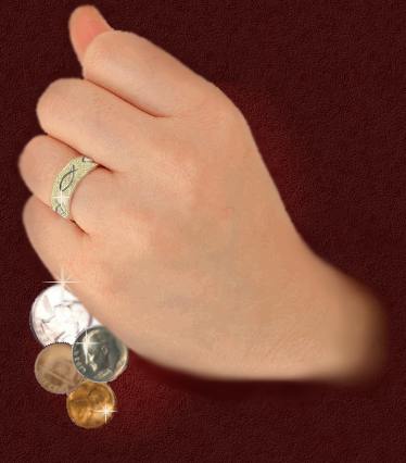 Graphic of hand wearing a golden ring ... and dropping coins