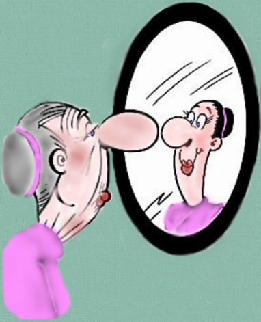 Old woman looking in mirror...without her glasses. Yeah, that looks better!