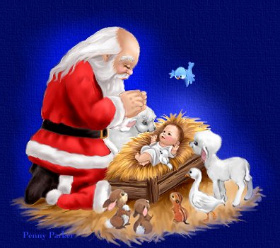 Santa prays with baby Jesus in the manger.